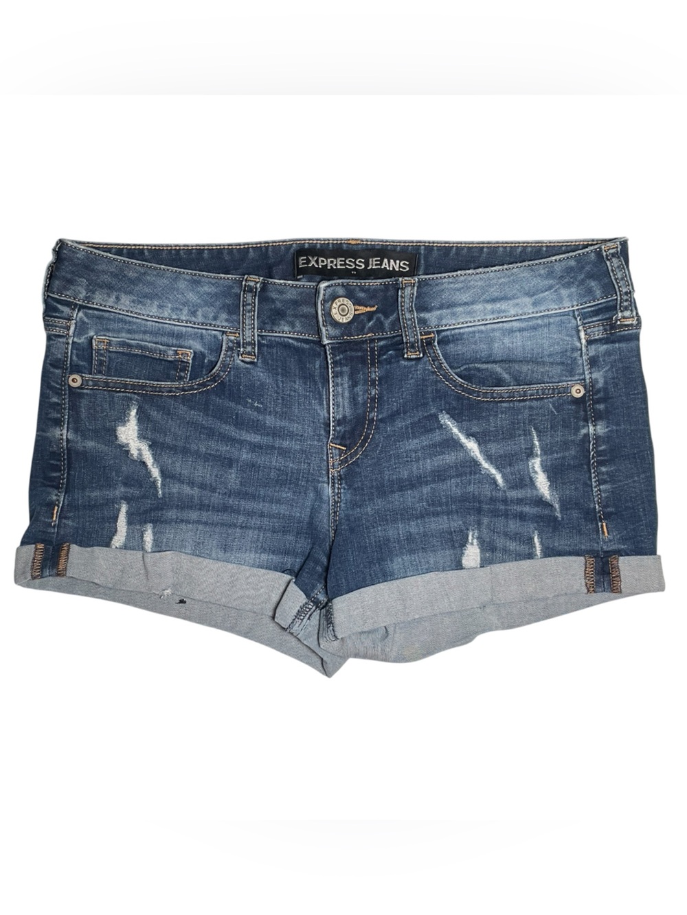 Express Jeans denim shorts, distressed, medium wash, cuffed. Size 4.